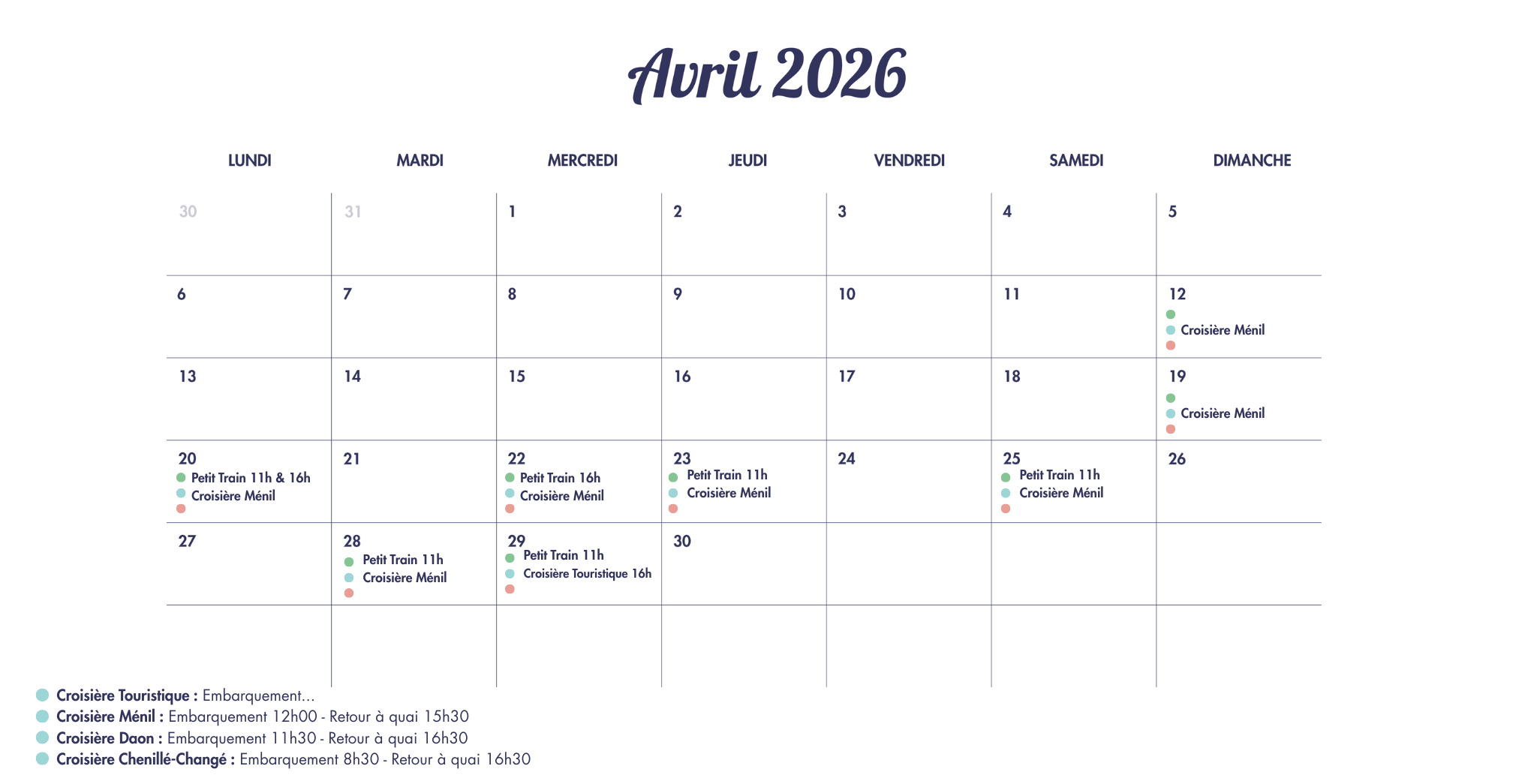 Croisière Touristique Embarquement... Croisière Ménil Embarquement 12h00 - Retour à quai 15h30 Croisière Daon Embarquement 11h30 - Retour à quai 16h30 Croisière Chenillé-Changé Embarquement 8h-3