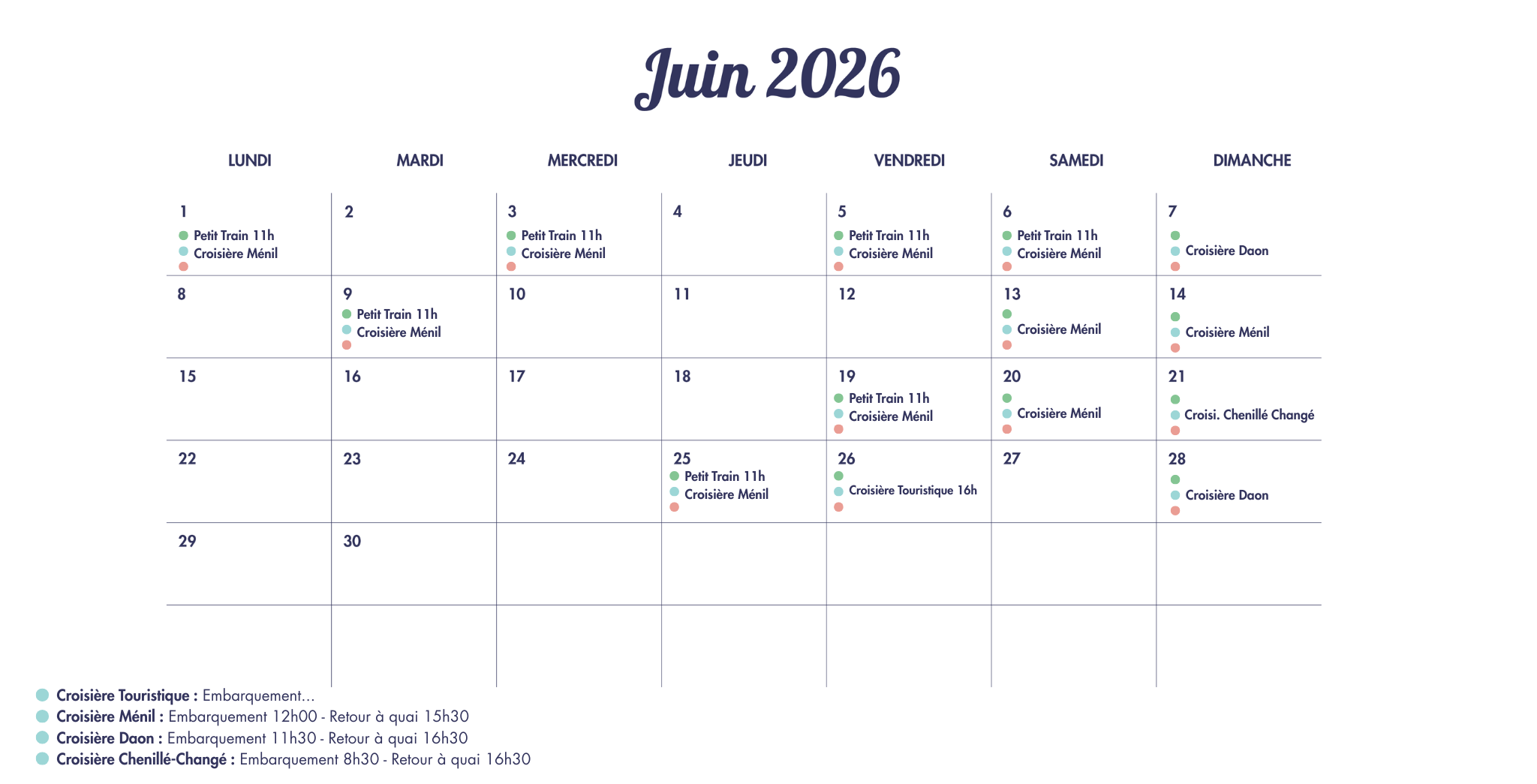 Croisière Touristique Embarquement... Croisière Ménil Embarquement 12h00 - Retour à quai 15h30 Croisière Daon Embarquement 11h30 - Retour à quai 16h30 Croisière Chenillé-Changé Embarquement 8h-5