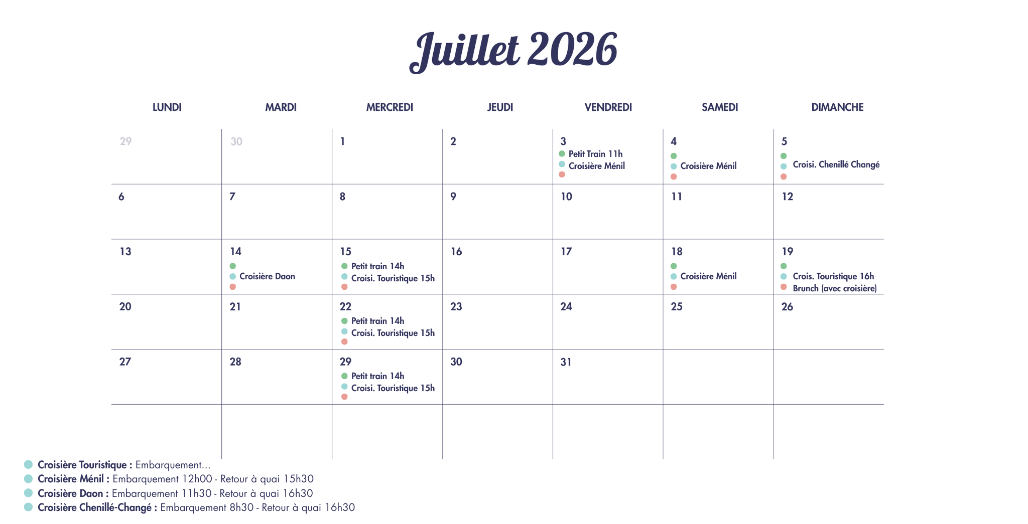 Croisière Touristique Embarquement... Croisière Ménil Embarquement 12h00 - Retour à quai 15h30 Croisière Daon Embarquement 11h30 - Retour à quai 16h30 Croisière Chenillé-Changé Embarquement 8h-6