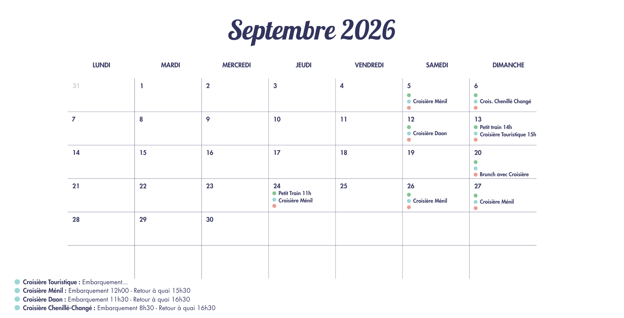 Croisière Touristique Embarquement... Croisière Ménil Embarquement 12h00 - Retour à quai 15h30 Croisière Daon Embarquement 11h30 - Retour à quai 16h30 Croisière Chenillé-Changé Embarquement 8h-8