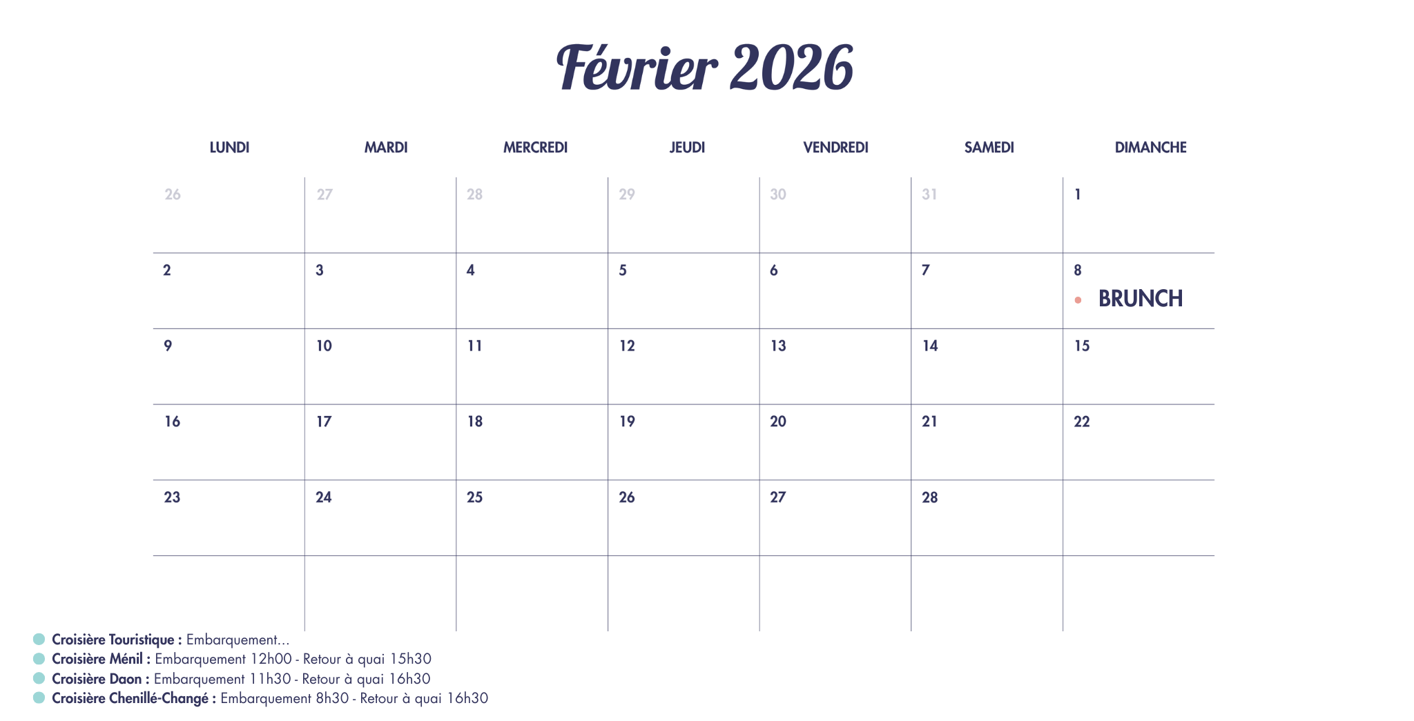 Croisière Touristique Embarquement... Croisière Ménil Embarquement 12h00 - Retour à quai 15h30 Croisière Daon Embarquement 11h30 - Retour à quai 16h30 Croisière Chenillé-Changé Embarquement 8h